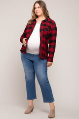 Red Checkered Maternity Plus Long Sleeve Button Down Top