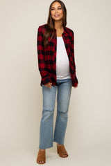 Red Checkered Maternity Long Sleeve Button Down Top