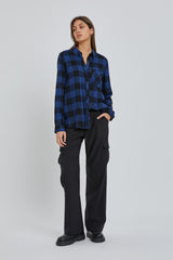 Royal Blue Checkered Long Sleeve Button Down Top