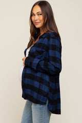 Royal Blue Checkered Maternity Long Sleeve Button Down Top