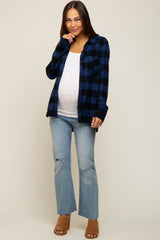 Royal Blue Checkered Maternity Long Sleeve Button Down Top