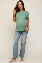 Green Slub Knit Cropped Maternity T-Shirt