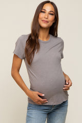 Grey Slub Knit Cropped Maternity T-Shirt