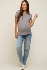 Grey Slub Knit Cropped Maternity T-Shirt