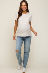 Beige Slub Knit Cropped Maternity T-Shirt