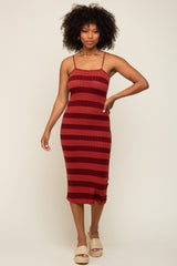 Rust Striped Rib Knit Midi Dress