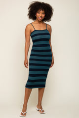 Teal Striped Rib Knit Maternity Midi Dress