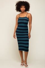 Teal Striped Rib Knit Midi Dress