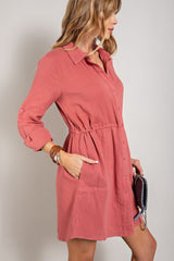 Mauve Henley Collar Long Sleeve Shirt Dress