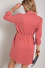 Mauve Henley Collar Long Sleeve Shirt Dress