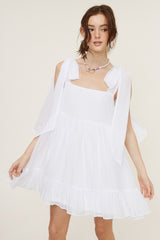 White Shoulder Tie Dress