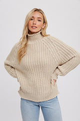 Beige Chunky Knit Mock Neck Maternity Sweater