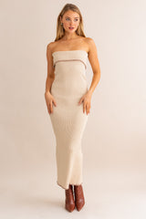 Beige Strapless Fold Over Lettuce Trim Maternity Maxi Dress