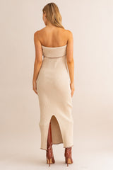 Beige Strapless Fold Over Lettuce Trim Maxi Dress