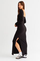 Black Rib Knit Long Sleeve Maxi Dress