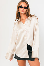 Cream Metallic Pinstriped Satin Button Up Top