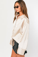 Cream Metallic Pinstriped Satin Button Up Top