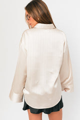 Cream Metallic Pinstriped Satin Button Up Top