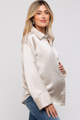 Cream Metallic Pinstriped Satin Button Up Maternity Top