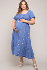 Blue Floral Embroidered Smocked Plus Maternity Maxi Dress