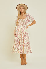 Cream Floral Puff Sleeve Tiered Midi Dress