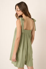 Sage Tie Detail Smocked Neckline Wide Leg Romper