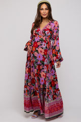 Black Floral Long Sleeve Tiered Maternity Maxi Dress