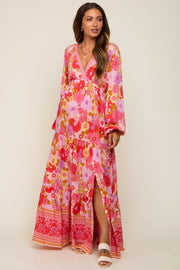 Pink Floral Long Sleeve Tiered Maternity Maxi Dress