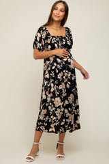 Black Floral Square Neck Short Puff Sleeve Maternity Midi Dress