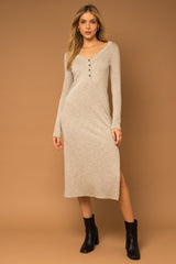 Grey Rib Knit Front Button Midi Dress