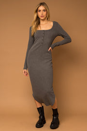 Charcoal Ribbed Front Button Midi Dress