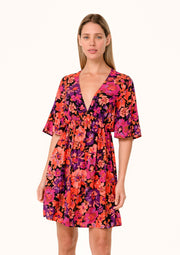 Black Floral Short Flutter Sleeve V-Neck Dress