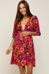 Black Floral Short Flutter Sleeve V-Neck Maternity Dress