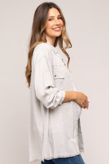 Light Grey Collared Button Front Raw Hem Maternity Top