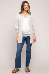 Light Grey Collared Button Front Raw Hem Maternity Top