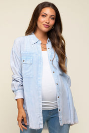 Light Blue Collared Button Front Raw Hem Maternity Top