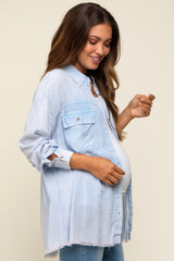 Light Blue Collared Button Front Raw Hem Maternity Top