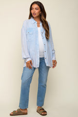 Light Blue Collared Button Front Raw Hem Maternity Top