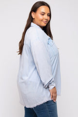 Light Blue Button Up Fringe Hem Plus Top