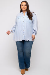 Light Blue Button Up Fringe Hem Plus Top