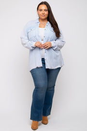 Light Blue Button Up Fringe Hem Plus Top