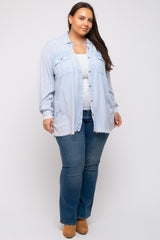 Light Blue Button Up Fringe Hem Plus Top