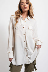 Ivory Collared Button Front Raw Hem Maternity Top