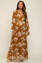 Camel Floral Chiffon Balloon Sleeve Maternity Maxi Dress