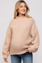 Beige Chunky Knit Mock Neck Maternity Sweater