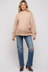 Beige Chunky Knit Mock Neck Maternity Sweater