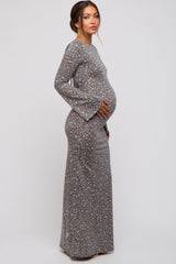 Charcoal Floral Long Sleeve Open Back Maternity Maxi Dress