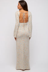 Cream Floral Long Sleeve Open Back Maternity Maxi Dress