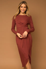 Rust Ribbed Long Sleeve Wrap Midi Dress