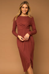 Rust Ribbed Long Sleeve Wrap Maternity Midi Dress